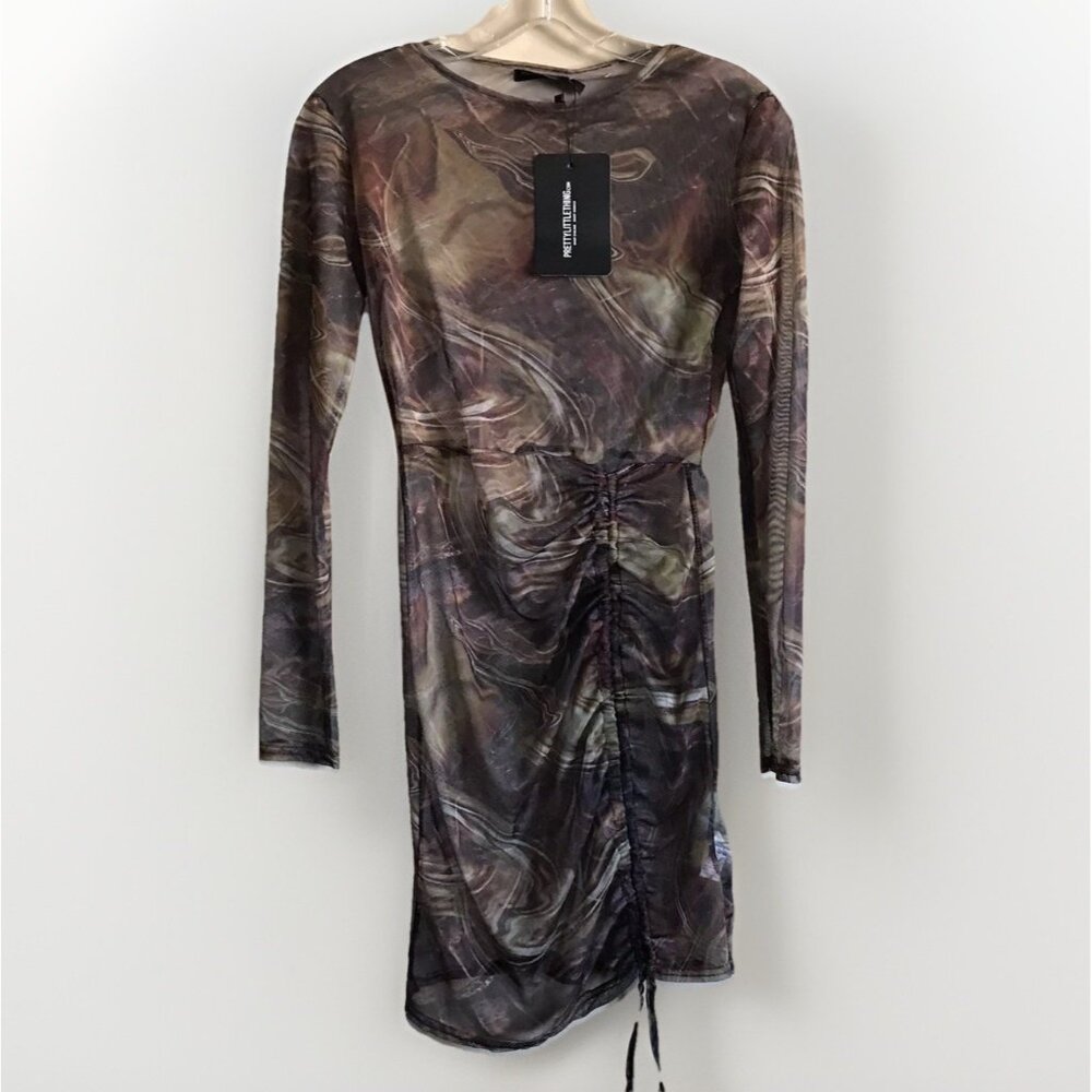 Pretty Little Thing Abstract‎ Print Mesh Bodycon Mini Dress Clubcore Size 6